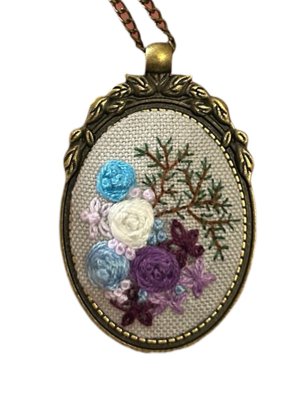 Hand-stitched Blue, White, & Purple Floral Embroidery Pendant Necklace
